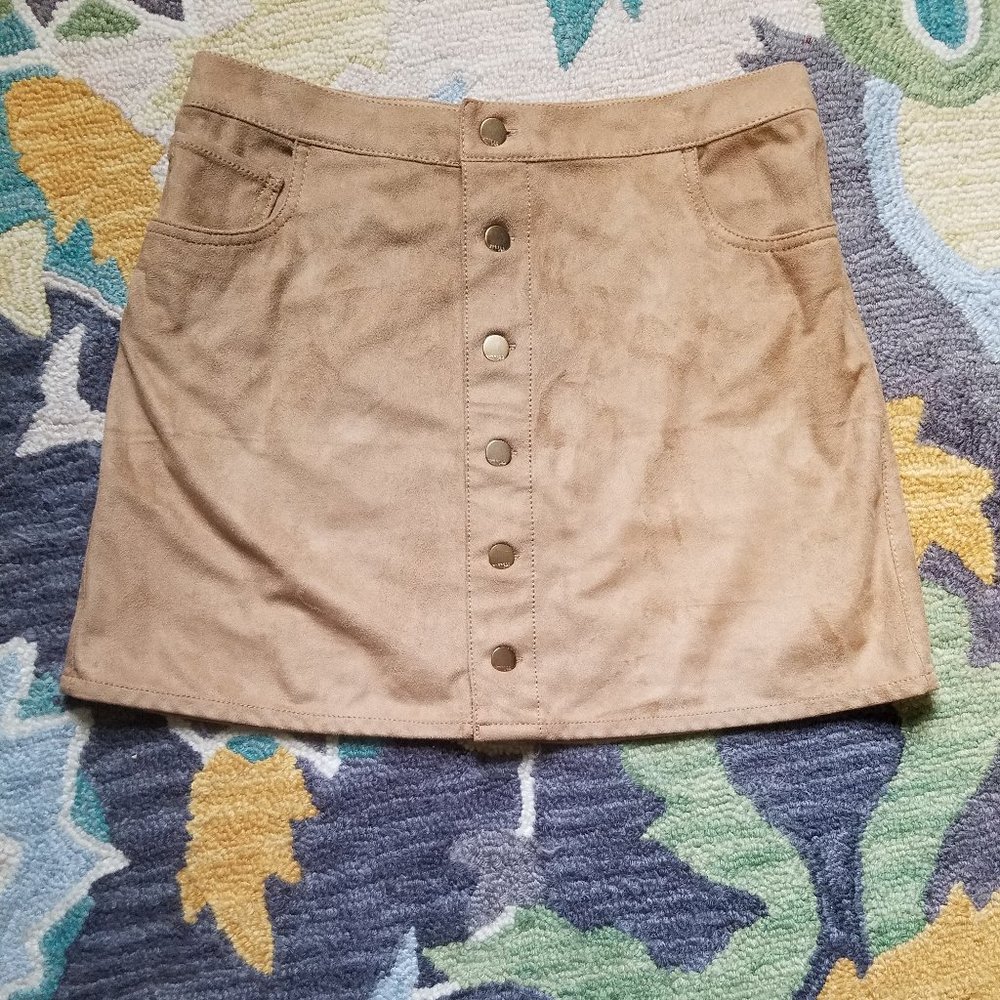 Camel/Tan Button Front Faux Suede A-Line Skirt